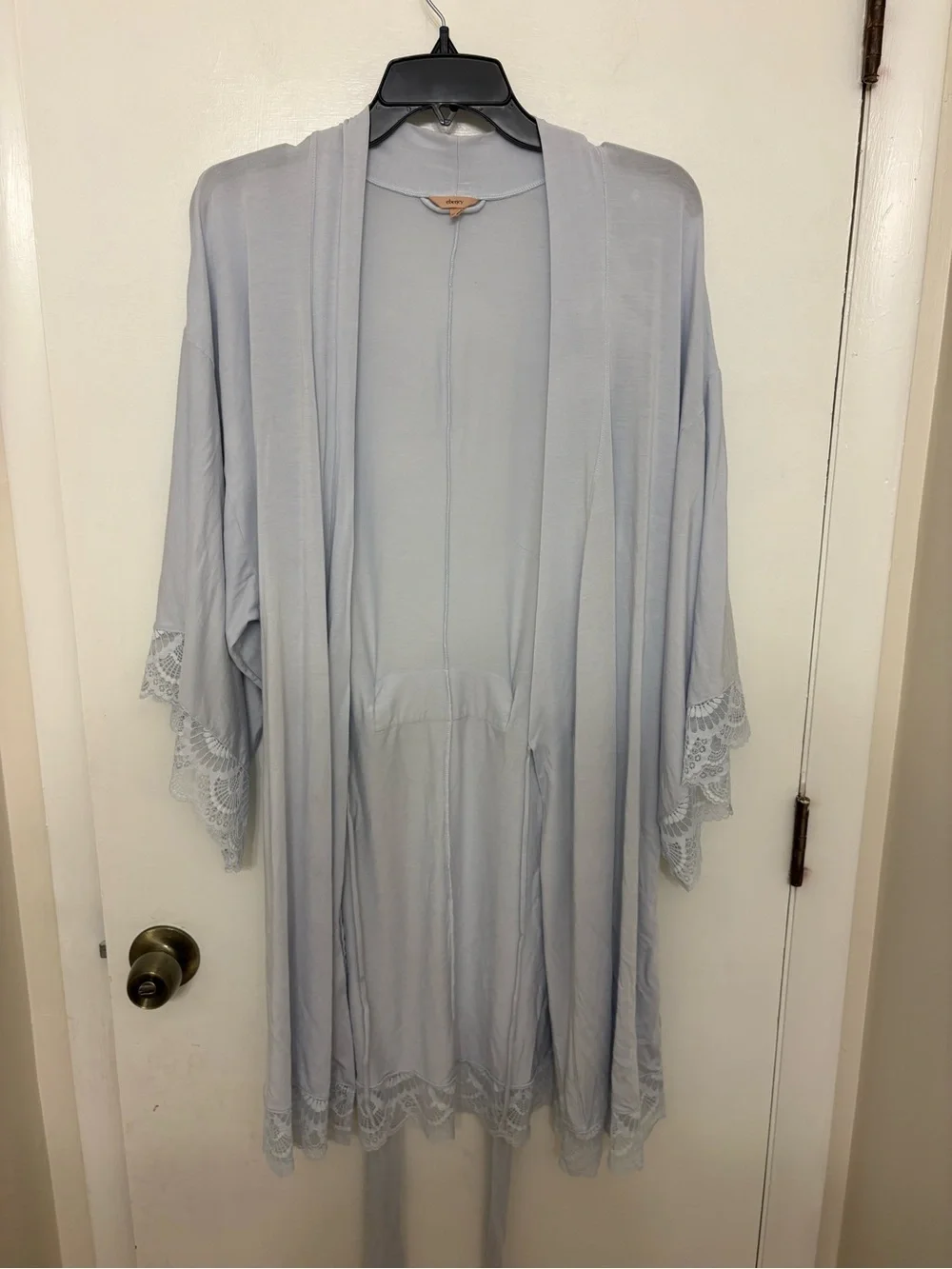 Eberjey Mariana Mademoiselle Kimono Short Robe Ice Blue Tencel Modal Lace Trim M